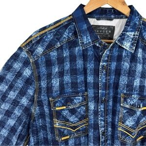 Oxygen Faux Denim Plaid Western Shirt Mens XXL Blue Rodeo Y2K Flashy Acid Wash